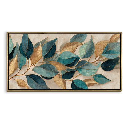 Floral Elegance in Teal, Blush & Gold ¨C Luxury Wall Art ¨C Golden Floater Frame, HD Canvas Print, Ready to Hang, Size: 2x4 feet (FLBWA89)