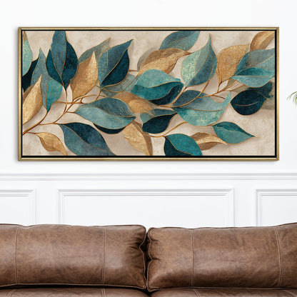 Floral Elegance in Teal, Blush & Gold ¨C Luxury Wall Art ¨C Golden Floater Frame, HD Canvas Print, Ready to Hang, Size: 2x4 feet (FLBWA89)