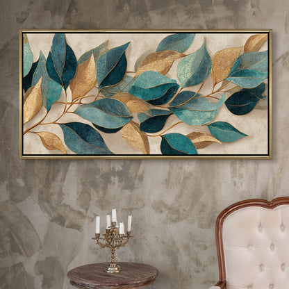 Floral Elegance in Teal, Blush & Gold ¨C Luxury Wall Art ¨C Golden Floater Frame, HD Canvas Print, Ready to Hang, Size: 2x4 feet (FLBWA89)