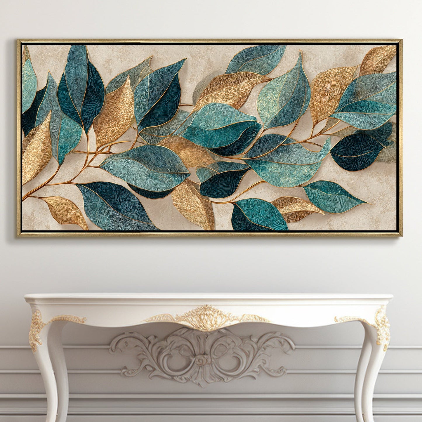Floral Elegance in Teal, Blush & Gold ¨C Luxury Wall Art ¨C Golden Floater Frame, HD Canvas Print, Ready to Hang, Size: 2x4 feet (FLBWA89)