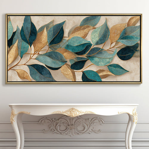 Floral Elegance in Teal, Blush & Gold ¨C Luxury Wall Art ¨C Golden Floater Frame, HD Canvas Print, Ready to Hang, Size: 2x4 feet (FLBWA89)