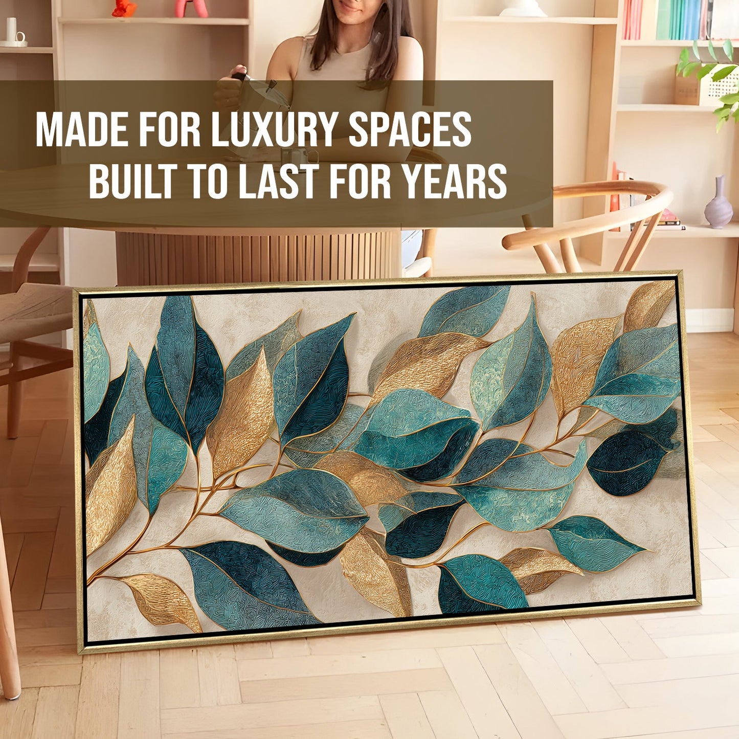Floral Elegance in Teal, Blush & Gold ¨C Luxury Wall Art ¨C Golden Floater Frame, HD Canvas Print, Ready to Hang, Size: 2x4 feet (FLBWA89)