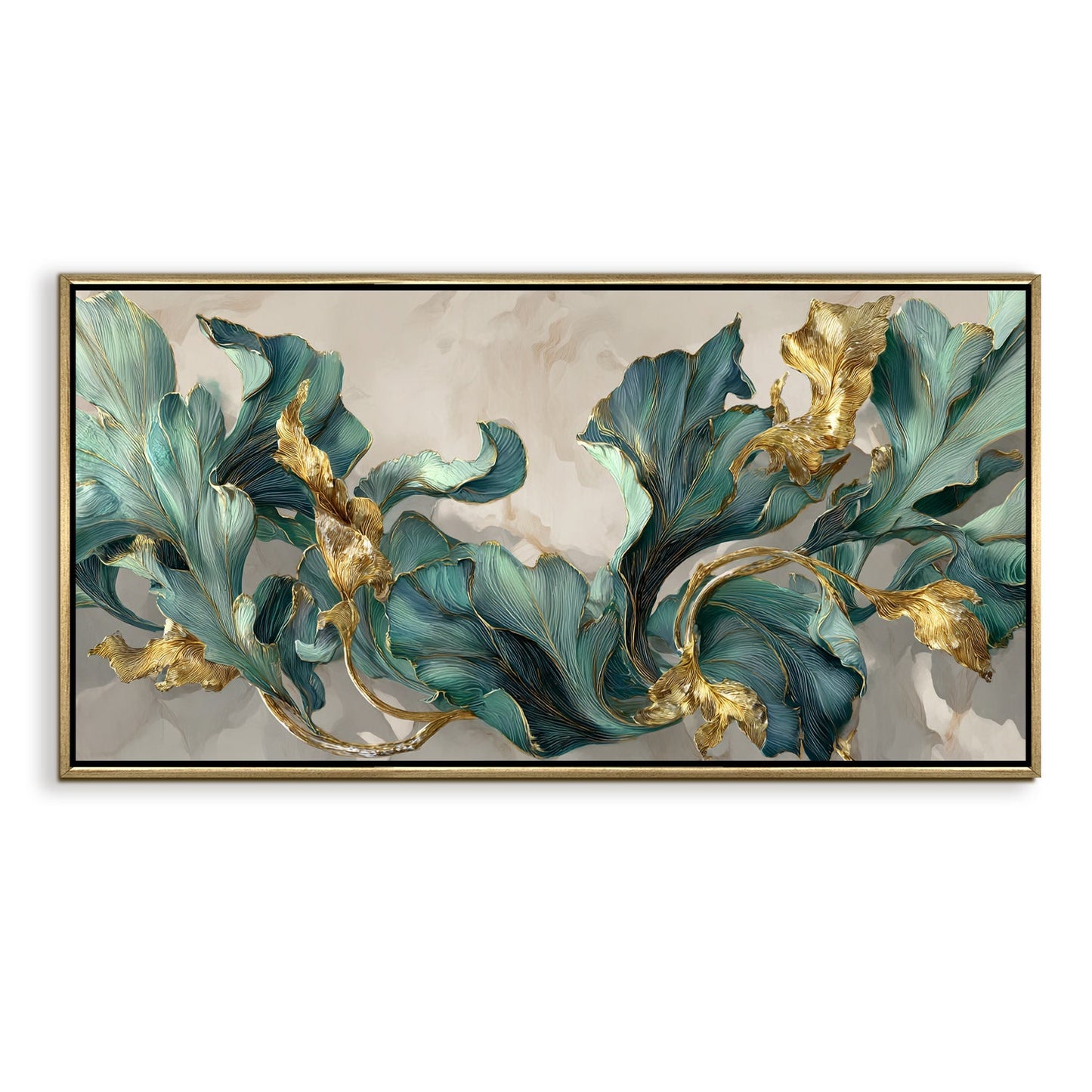 Floral Elegance in Teal, Blush & Gold ¨C Luxury Wall Art ¨C Golden Floater Frame, HD Canvas Print, Ready to Hang, Size: 2x4 feet (FLBWA90)