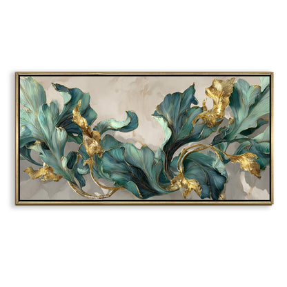 Floral Elegance in Teal, Blush & Gold ¨C Luxury Wall Art ¨C Golden Floater Frame, HD Canvas Print, Ready to Hang, Size: 2x4 feet (FLBWA90)