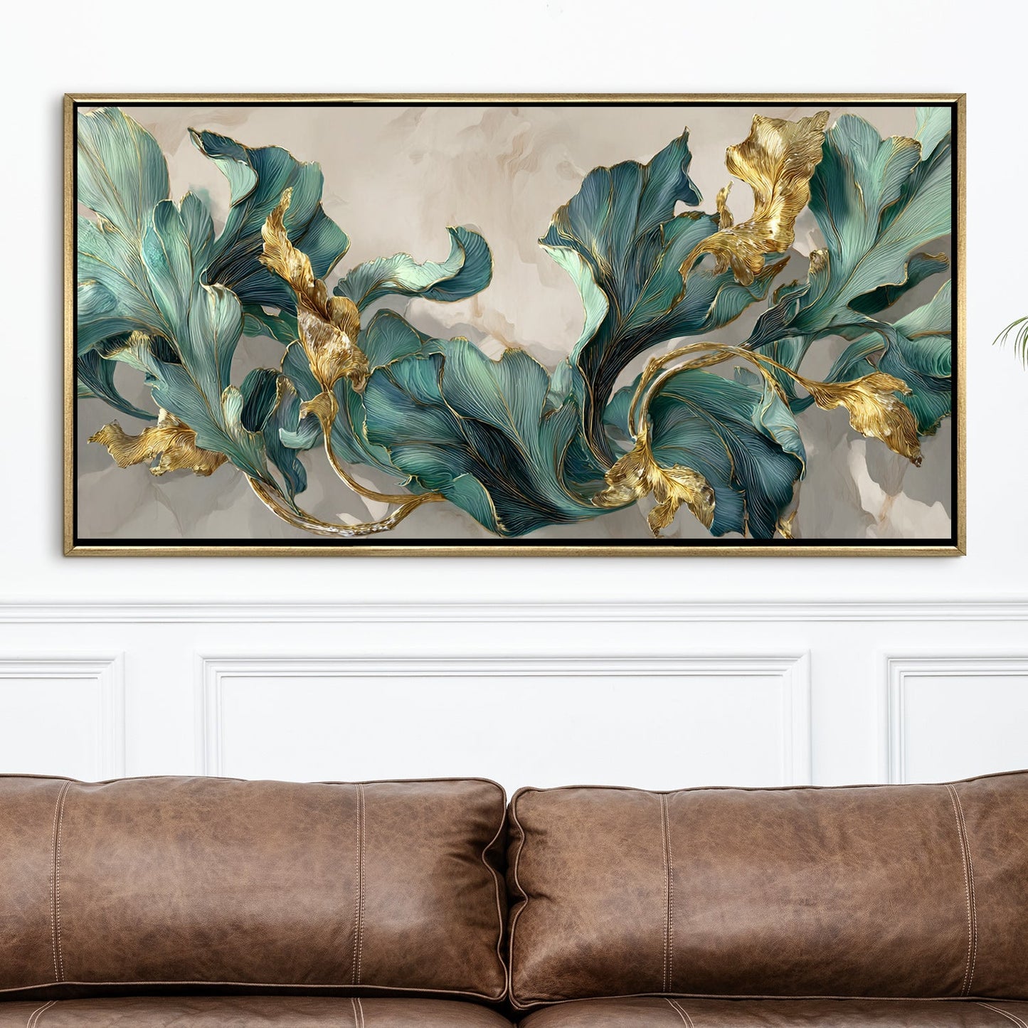 Floral Elegance in Teal, Blush & Gold ¨C Luxury Wall Art ¨C Golden Floater Frame, HD Canvas Print, Ready to Hang, Size: 2x4 feet (FLBWA90)