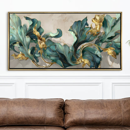 Floral Elegance in Teal, Blush & Gold ¨C Luxury Wall Art ¨C Golden Floater Frame, HD Canvas Print, Ready to Hang, Size: 2x4 feet (FLBWA90)
