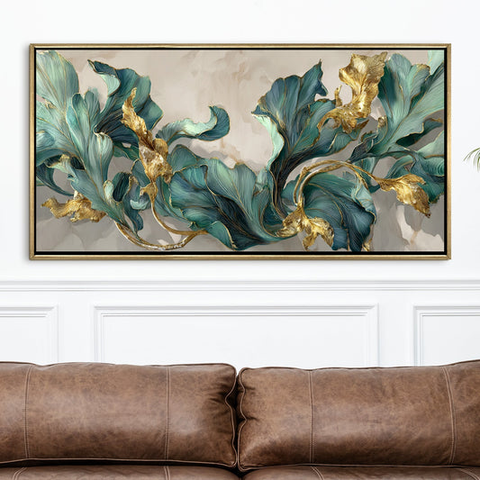 Floral Elegance in Teal, Blush & Gold ¨C Luxury Wall Art ¨C Golden Floater Frame, HD Canvas Print, Ready to Hang, Size: 2x4 feet (FLBWA90)