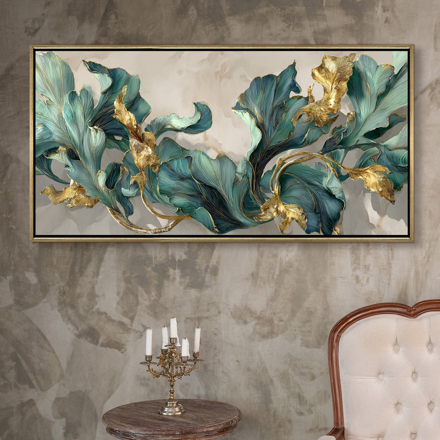 Floral Elegance in Teal, Blush & Gold ¨C Luxury Wall Art ¨C Golden Floater Frame, HD Canvas Print, Ready to Hang, Size: 2x4 feet (FLBWA90)
