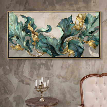 Floral Elegance in Teal, Blush & Gold ¨C Luxury Wall Art ¨C Golden Floater Frame, HD Canvas Print, Ready to Hang, Size: 2x4 feet (FLBWA90)