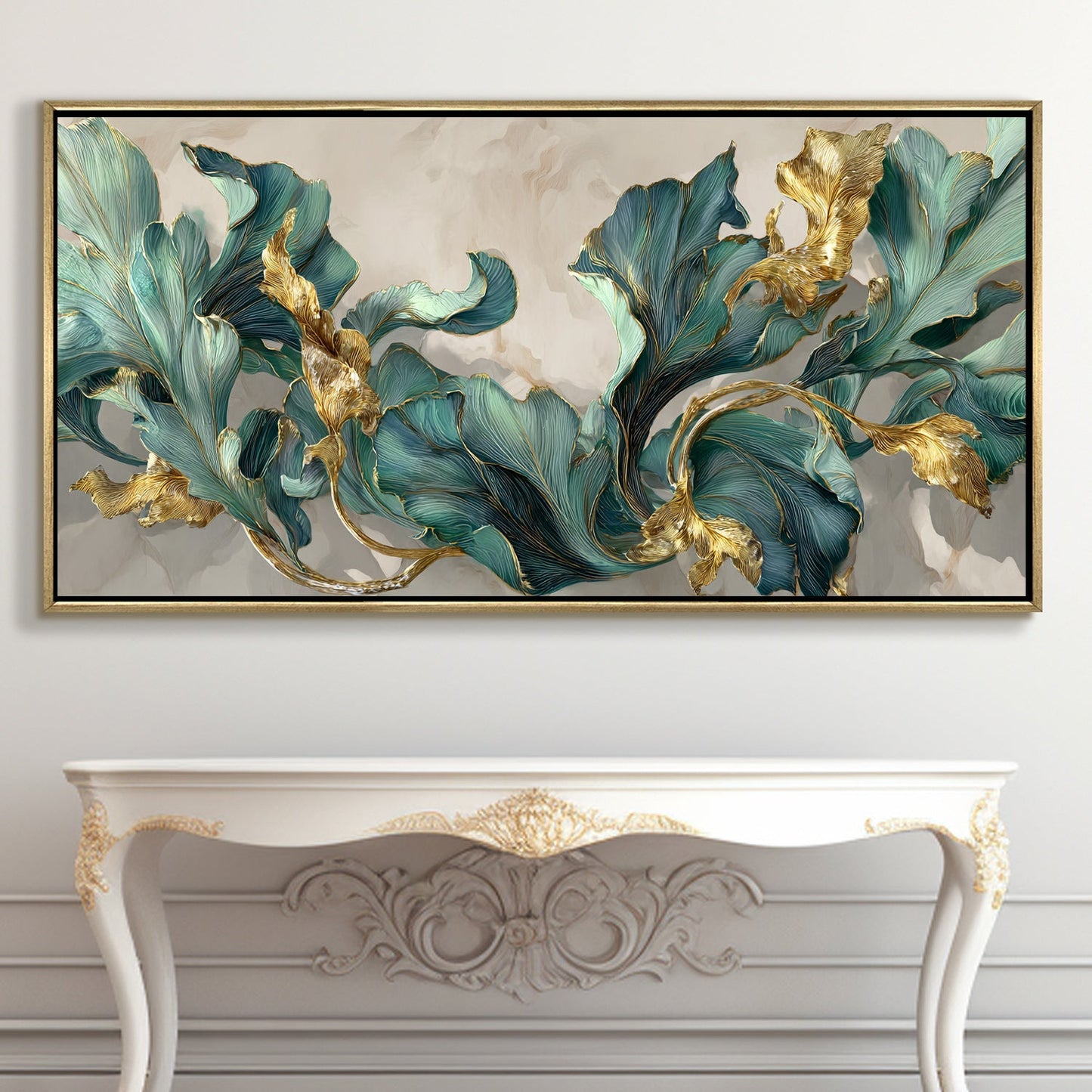 Floral Elegance in Teal, Blush & Gold ¨C Luxury Wall Art ¨C Golden Floater Frame, HD Canvas Print, Ready to Hang, Size: 2x4 feet (FLBWA90)
