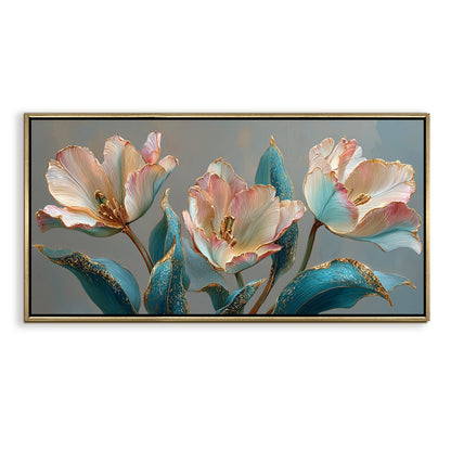 Floral Elegance in Teal, Blush & Gold ¨C Luxury Wall Art ¨C Golden Floater Frame, HD Canvas Print, Ready to Hang, Size: 2x4 feet (FLBWA91)