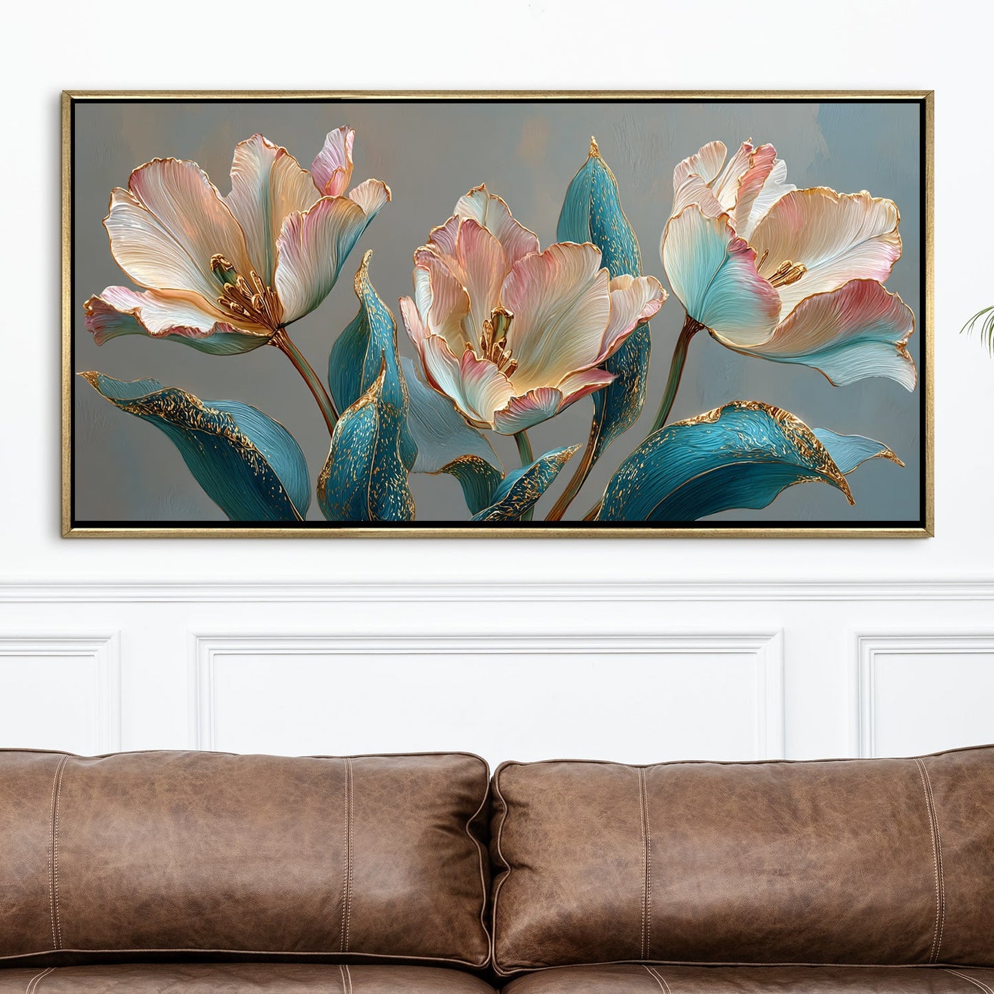 Floral Elegance in Teal, Blush & Gold ¨C Luxury Wall Art ¨C Golden Floater Frame, HD Canvas Print, Ready to Hang, Size: 2x4 feet (FLBWA91)