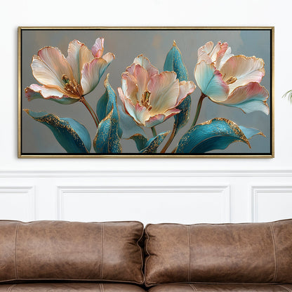 Floral Elegance in Teal, Blush & Gold ¨C Luxury Wall Art ¨C Golden Floater Frame, HD Canvas Print, Ready to Hang, Size: 2x4 feet (FLBWA91)