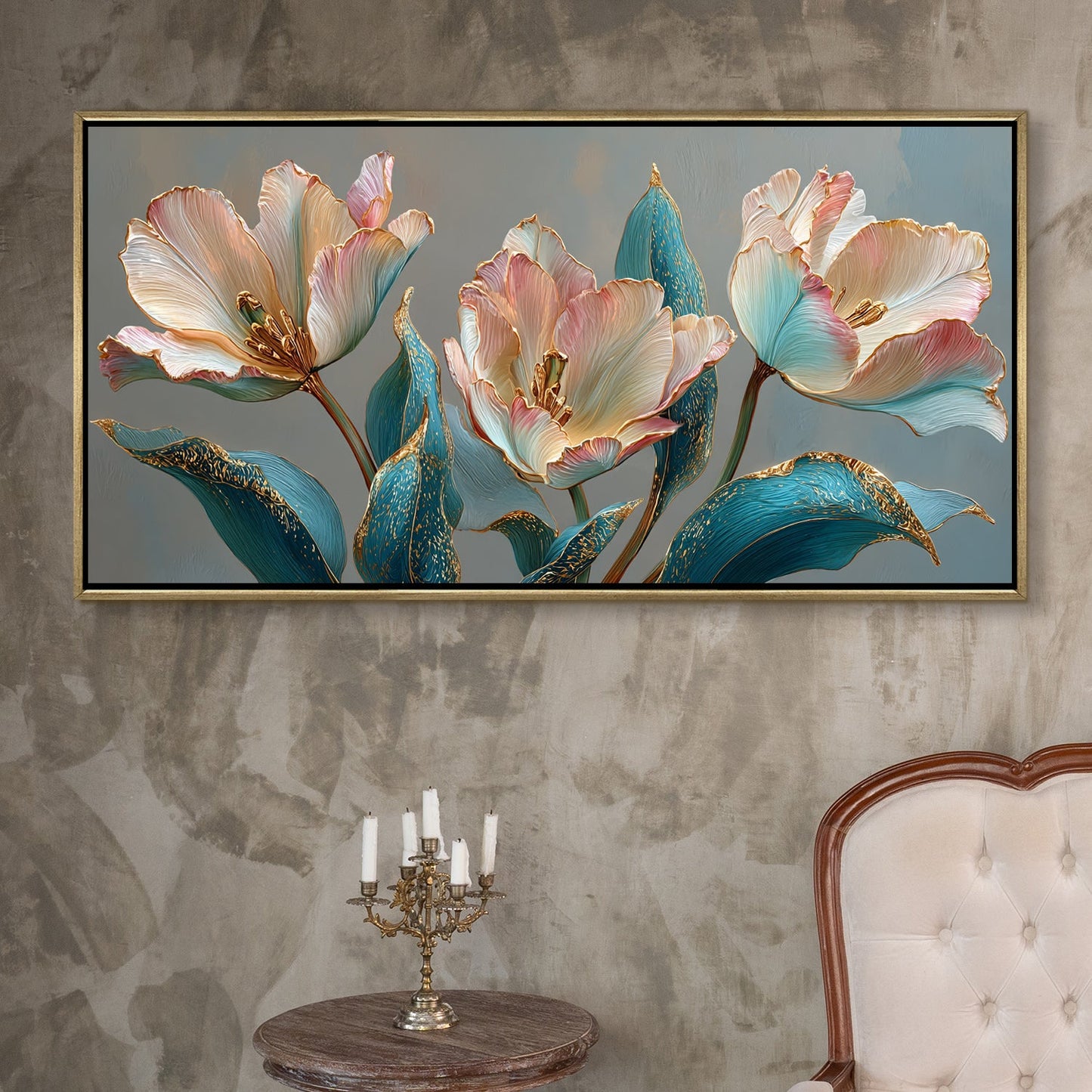 Floral Elegance in Teal, Blush & Gold ¨C Luxury Wall Art ¨C Golden Floater Frame, HD Canvas Print, Ready to Hang, Size: 2x4 feet (FLBWA91)