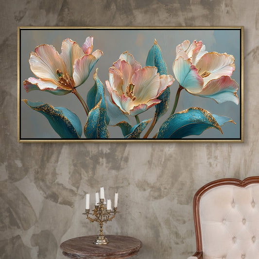 Floral Elegance in Teal, Blush & Gold ¨C Luxury Wall Art ¨C Golden Floater Frame, HD Canvas Print, Ready to Hang, Size: 2x4 feet (FLBWA91)
