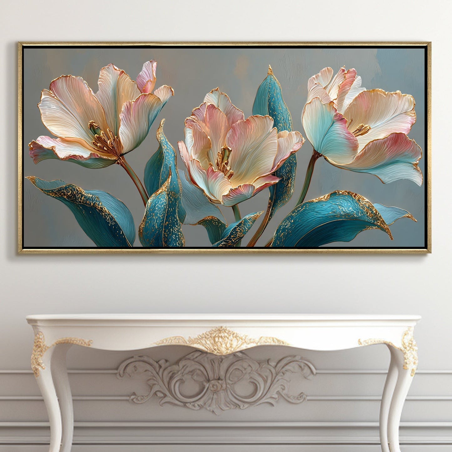 Floral Elegance in Teal, Blush & Gold ¨C Luxury Wall Art ¨C Golden Floater Frame, HD Canvas Print, Ready to Hang, Size: 2x4 feet (FLBWA91)