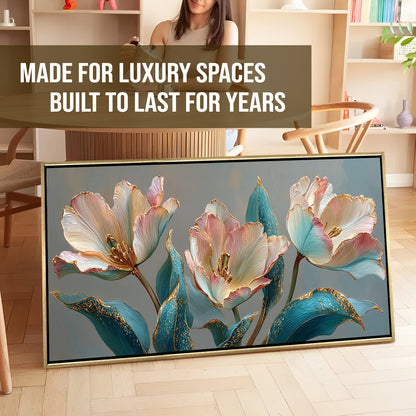 Floral Elegance in Teal, Blush & Gold ¨C Luxury Wall Art ¨C Golden Floater Frame, HD Canvas Print, Ready to Hang, Size: 2x4 feet (FLBWA91)