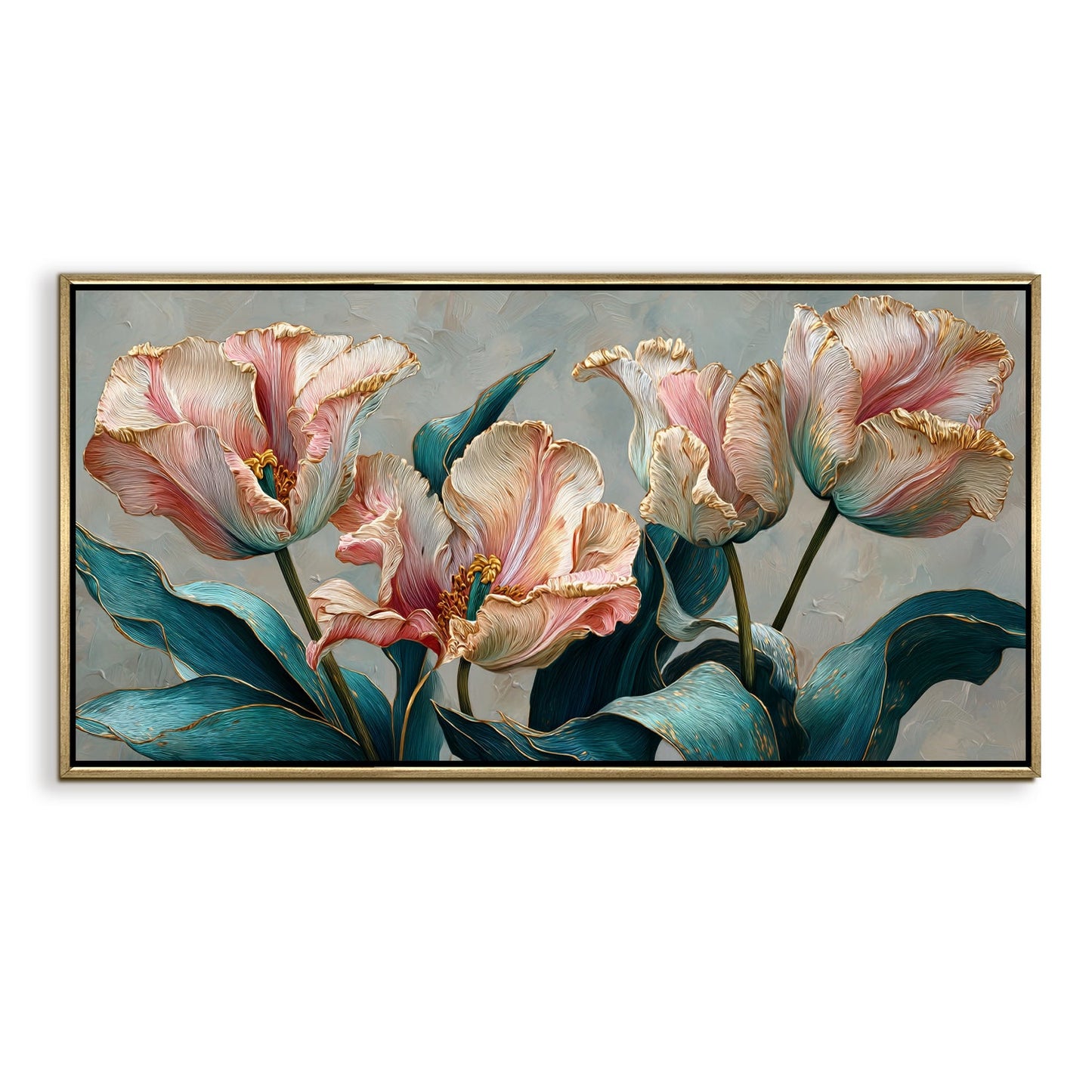 Floral Elegance in Teal, Blush & Gold ¨C Luxury Wall Art ¨C Golden Floater Frame, HD Canvas Print, Ready to Hang, Size: 2x4 feet (FLBWA92)