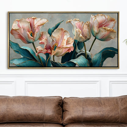 Floral Elegance in Teal, Blush & Gold ¨C Luxury Wall Art ¨C Golden Floater Frame, HD Canvas Print, Ready to Hang, Size: 2x4 feet (FLBWA92)