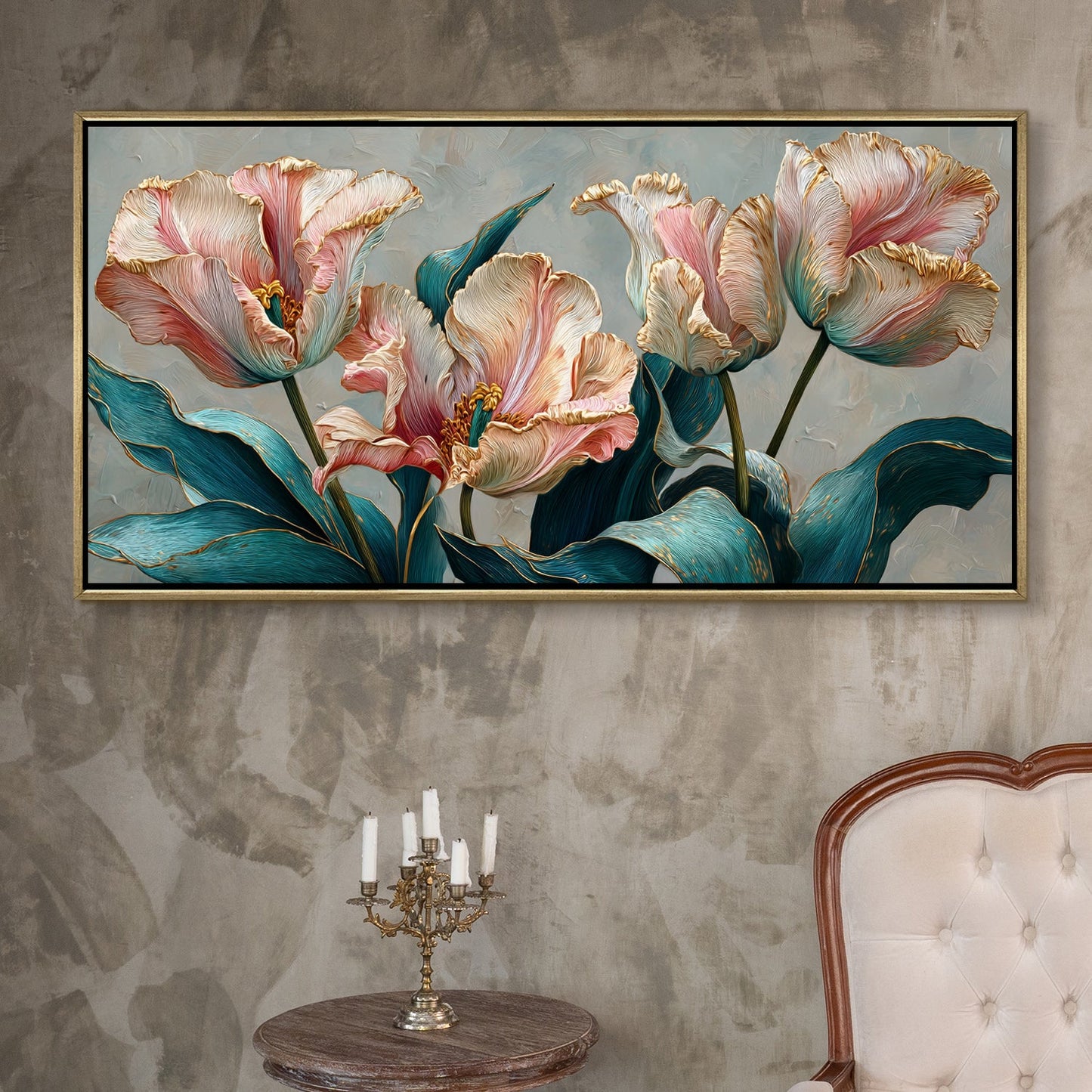 Floral Elegance in Teal, Blush & Gold ¨C Luxury Wall Art ¨C Golden Floater Frame, HD Canvas Print, Ready to Hang, Size: 2x4 feet (FLBWA92)