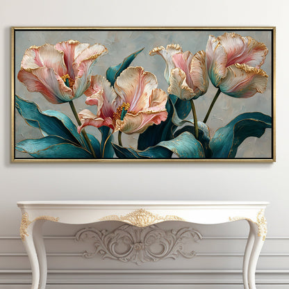 Floral Elegance in Teal, Blush & Gold ¨C Luxury Wall Art ¨C Golden Floater Frame, HD Canvas Print, Ready to Hang, Size: 2x4 feet (FLBWA92)