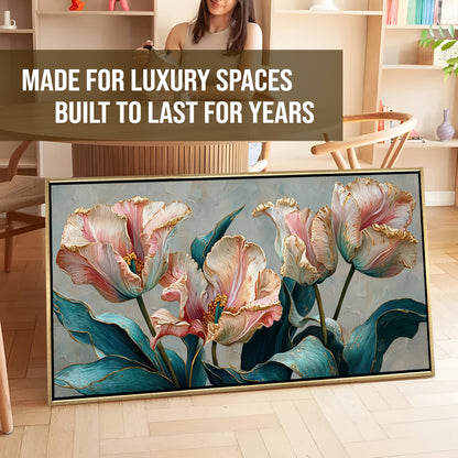 Floral Elegance in Teal, Blush & Gold ¨C Luxury Wall Art ¨C Golden Floater Frame, HD Canvas Print, Ready to Hang, Size: 2x4 feet (FLBWA92)