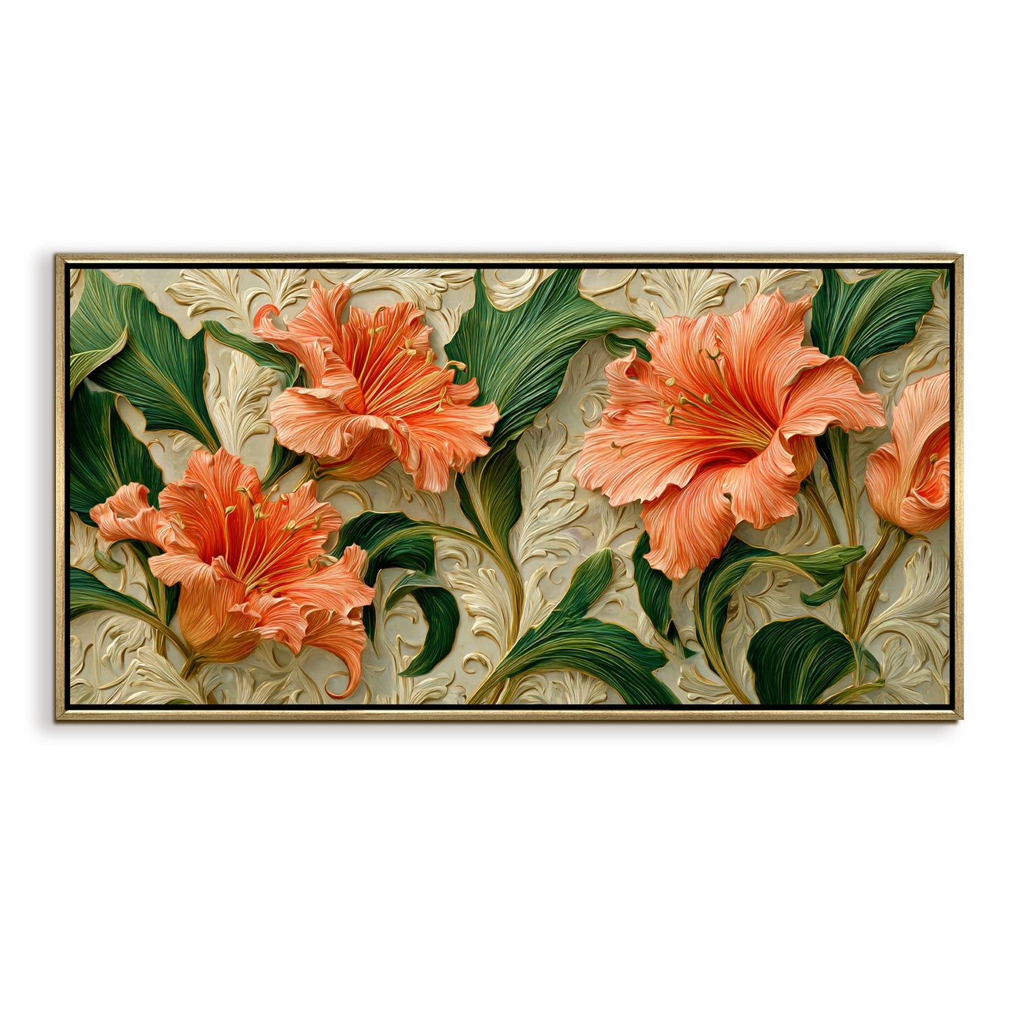 Coral Blooms & Green Leaves Wall Art ¨C Golden Floater Frame, HD Canvas Print, Ready to Hang, Size: 2x4 feet (FLBWA96)