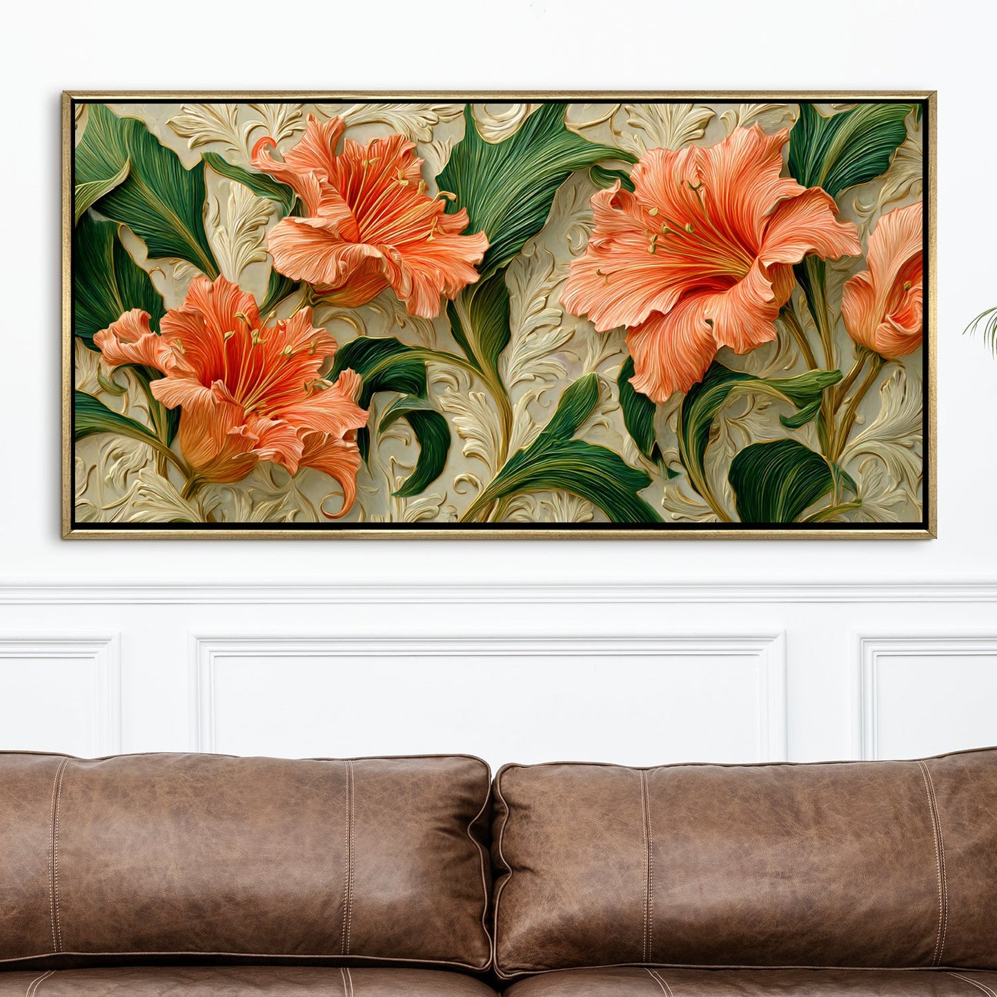Coral Blooms & Green Leaves Wall Art ¨C Golden Floater Frame, HD Canvas Print, Ready to Hang, Size: 2x4 feet (FLBWA96)