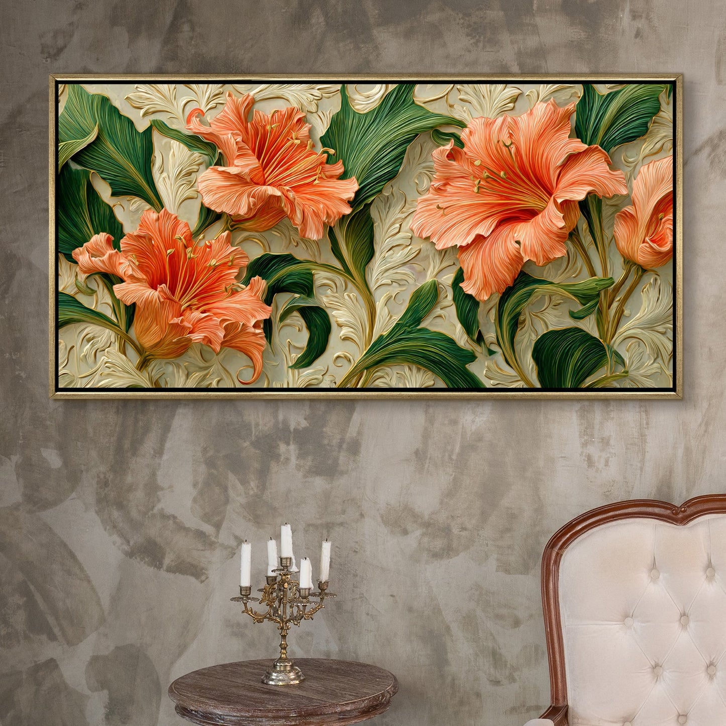Coral Blooms & Green Leaves Wall Art ¨C Golden Floater Frame, HD Canvas Print, Ready to Hang, Size: 2x4 feet (FLBWA96)