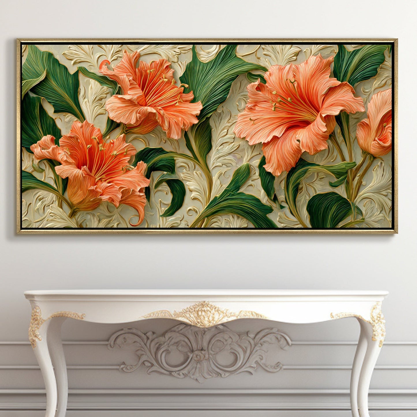 Coral Blooms & Green Leaves Wall Art ¨C Golden Floater Frame, HD Canvas Print, Ready to Hang, Size: 2x4 feet (FLBWA96)
