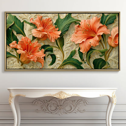 Coral Blooms & Green Leaves Wall Art ¨C Golden Floater Frame, HD Canvas Print, Ready to Hang, Size: 2x4 feet (FLBWA96)