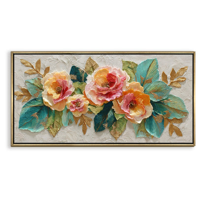 Luxury Textured Floral Teal Leaves & Gold Accents Wall Art ¨C Golden Floater Frame, HD Canvas Print, Ready to Hang, Size: 2x4 feet (FLBWA97)