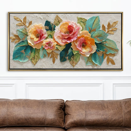 Luxury Textured Floral Teal Leaves & Gold Accents Wall Art ¨C Golden Floater Frame, HD Canvas Print, Ready to Hang, Size: 2x4 feet (FLBWA97)