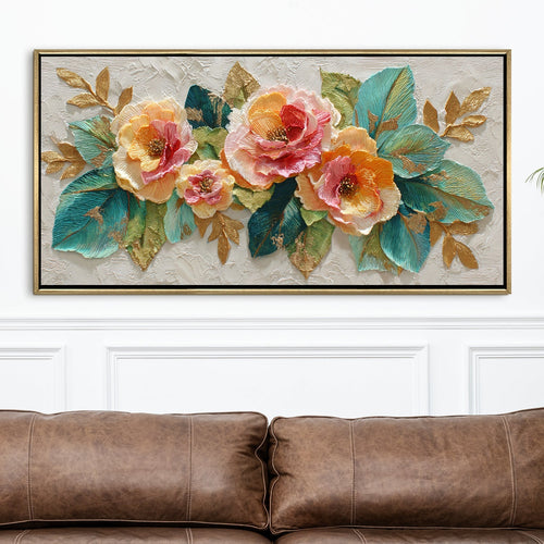 Luxury Textured Floral Teal Leaves & Gold Accents Wall Art ¨C Golden Floater Frame, HD Canvas Print, Ready to Hang, Size: 2x4 feet (FLBWA97)
