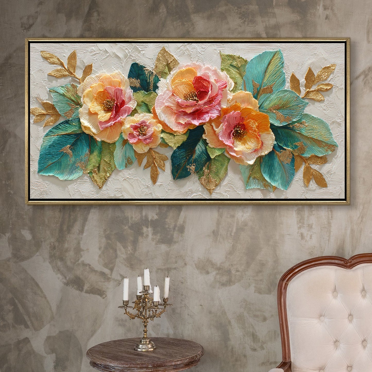 Luxury Textured Floral Teal Leaves & Gold Accents Wall Art ¨C Golden Floater Frame, HD Canvas Print, Ready to Hang, Size: 2x4 feet (FLBWA97)