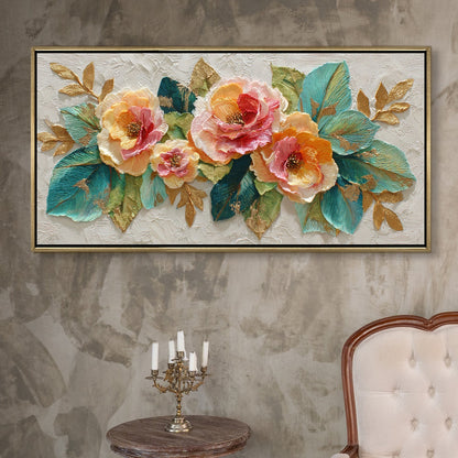 Luxury Textured Floral Teal Leaves & Gold Accents Wall Art ¨C Golden Floater Frame, HD Canvas Print, Ready to Hang, Size: 2x4 feet (FLBWA97)