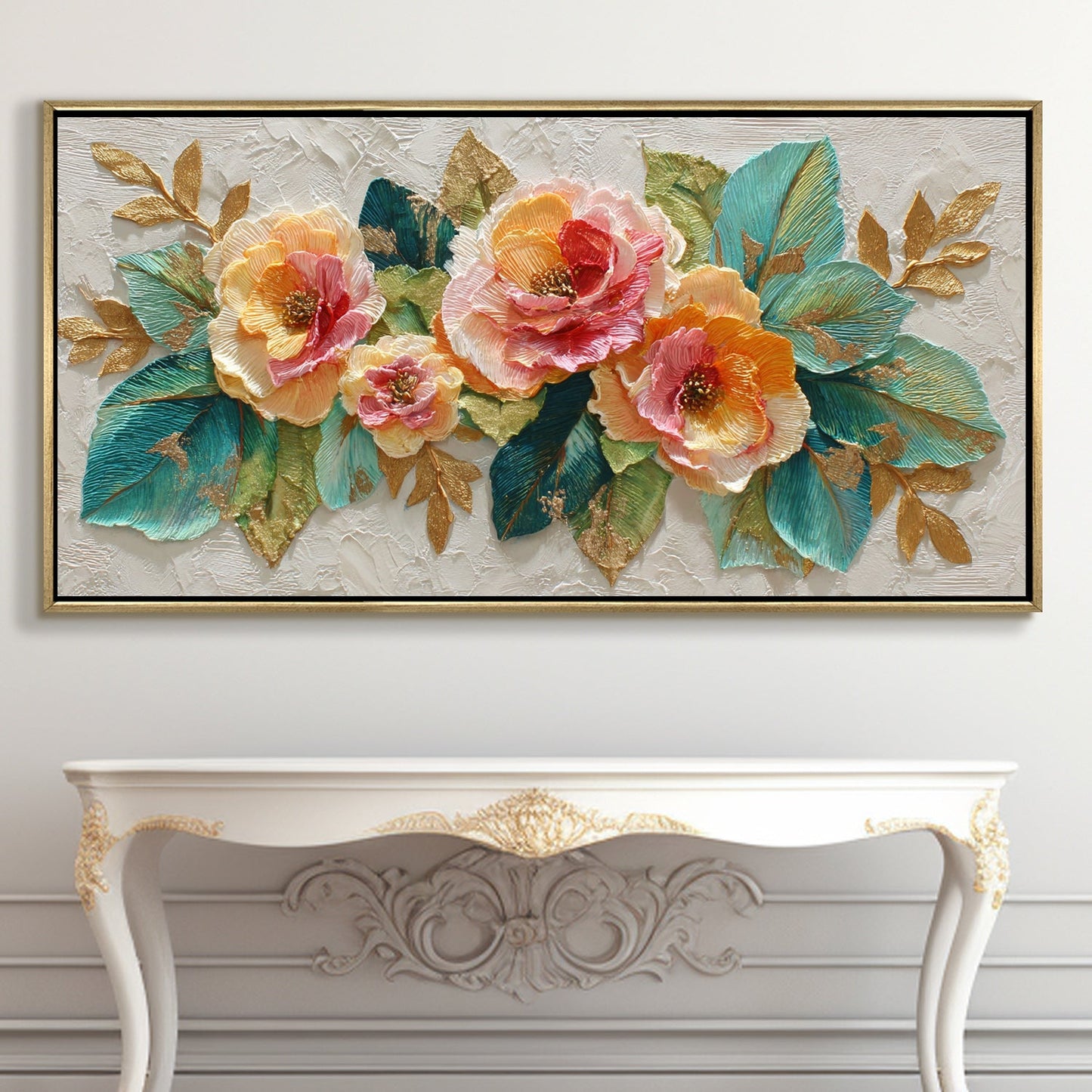 Luxury Textured Floral Teal Leaves & Gold Accents Wall Art ¨C Golden Floater Frame, HD Canvas Print, Ready to Hang, Size: 2x4 feet (FLBWA97)