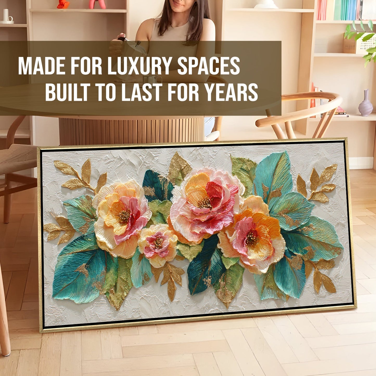 Luxury Textured Floral Teal Leaves & Gold Accents Wall Art ¨C Golden Floater Frame, HD Canvas Print, Ready to Hang, Size: 2x4 feet (FLBWA97)