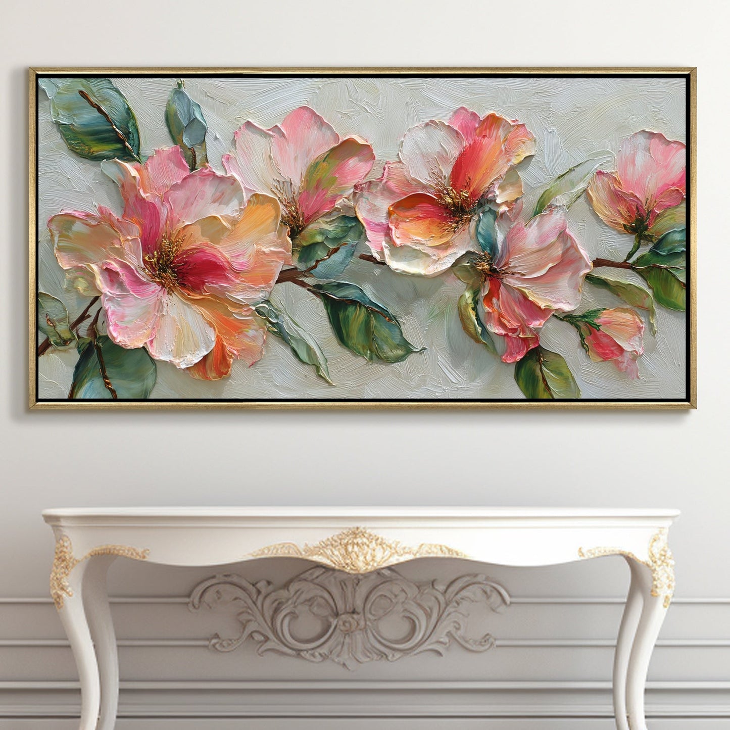 Blush Bloom Floral Wall Art ¨C Golden Floater Frame, HD Canvas Print, Ready to Hang, Size: 2x4 feet (FLBWA72)