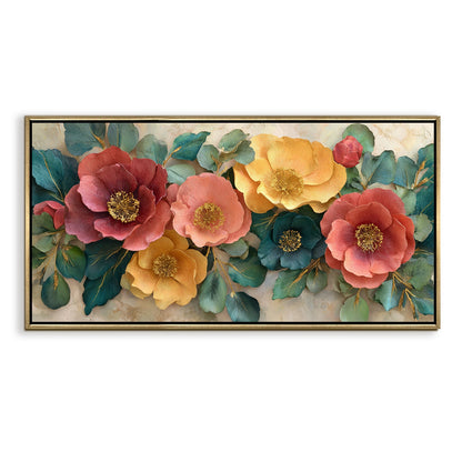 Luxury Floral Wall Art with Warm Pastels & Teal Foliage ¨C Golden Floater Frame, HD Canvas Print, Ready to Hang, Size: 2x4 feet (FLBWA98)