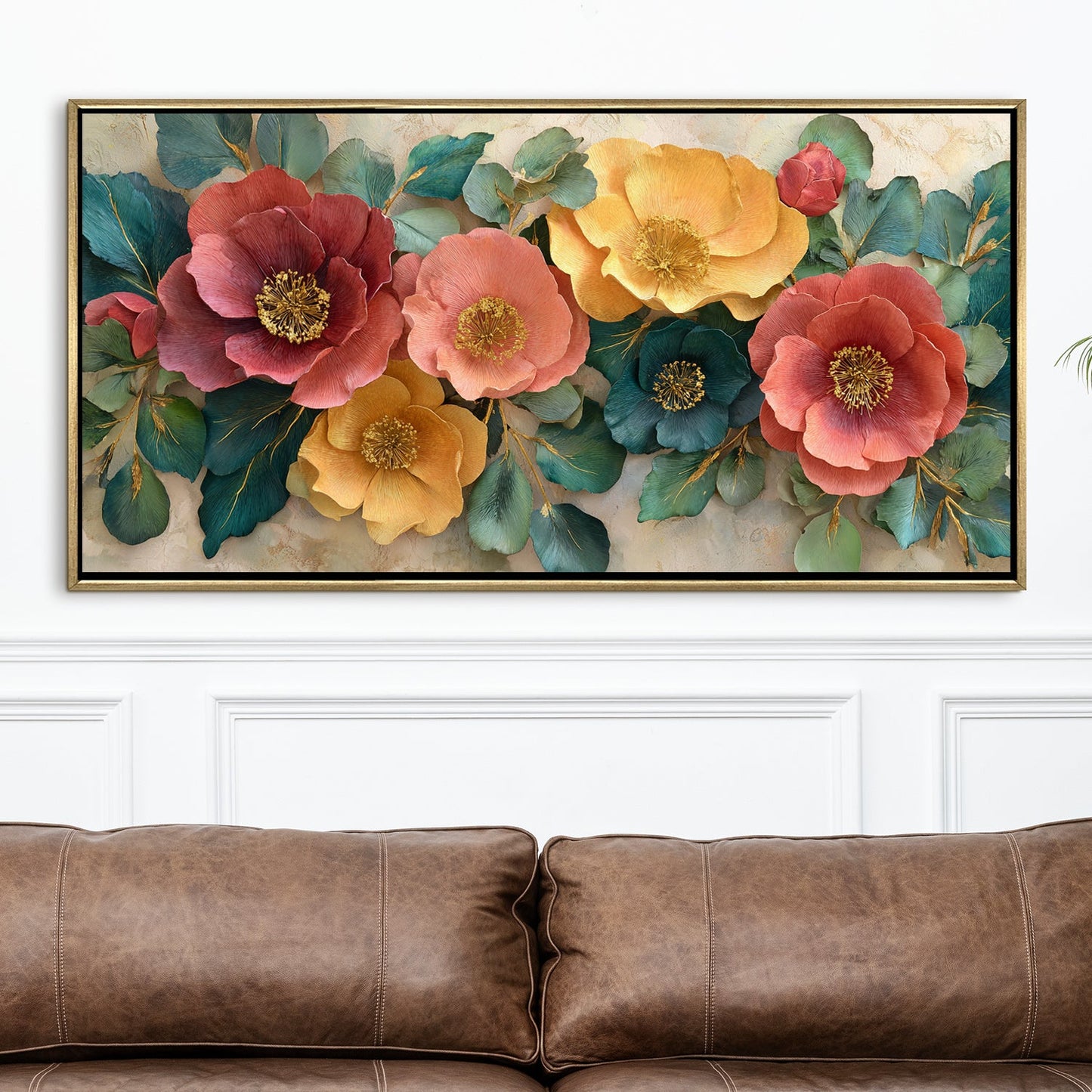 Luxury Floral Wall Art with Warm Pastels & Teal Foliage ¨C Golden Floater Frame, HD Canvas Print, Ready to Hang, Size: 2x4 feet (FLBWA98)