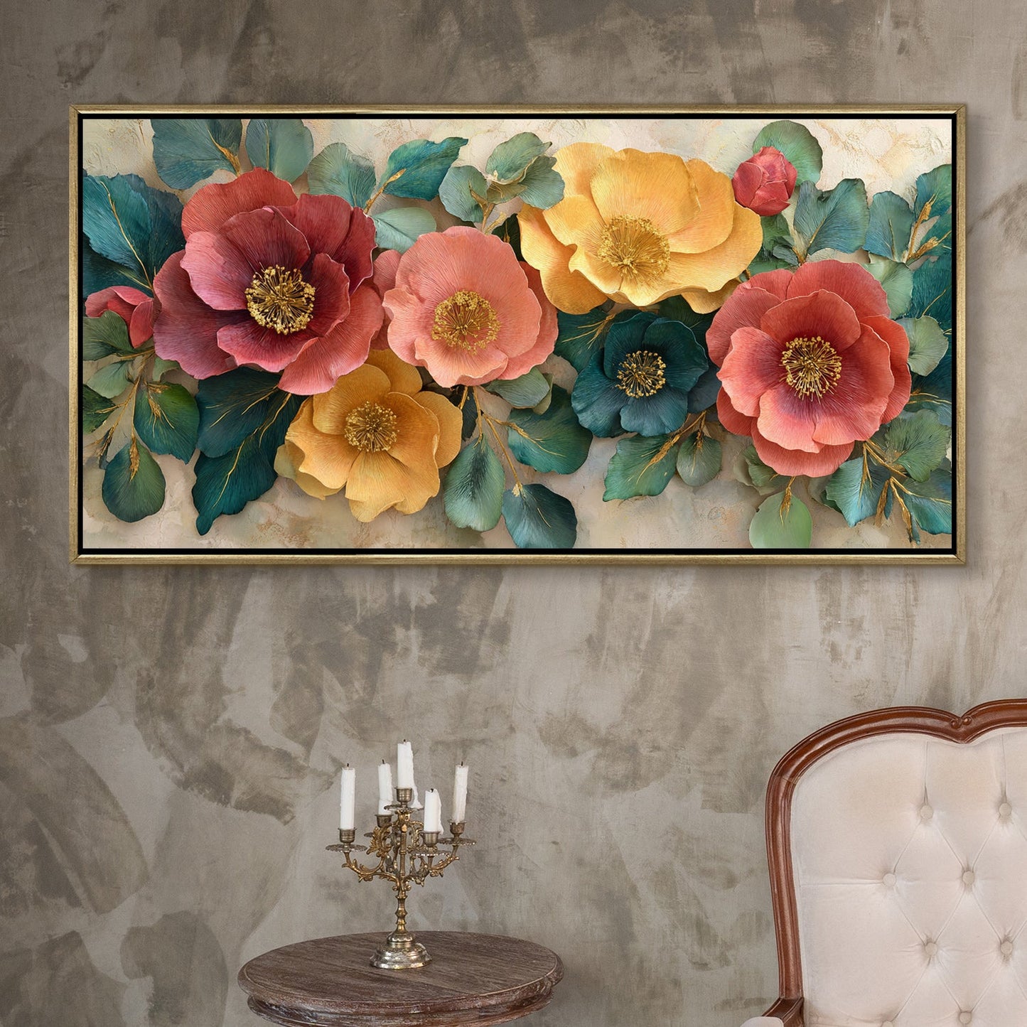 Luxury Floral Wall Art with Warm Pastels & Teal Foliage ¨C Golden Floater Frame, HD Canvas Print, Ready to Hang, Size: 2x4 feet (FLBWA98)