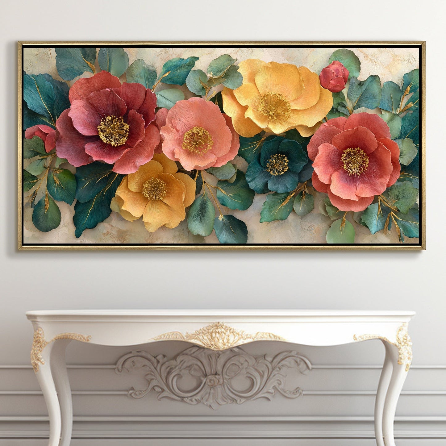 Luxury Floral Wall Art with Warm Pastels & Teal Foliage ¨C Golden Floater Frame, HD Canvas Print, Ready to Hang, Size: 2x4 feet (FLBWA98)