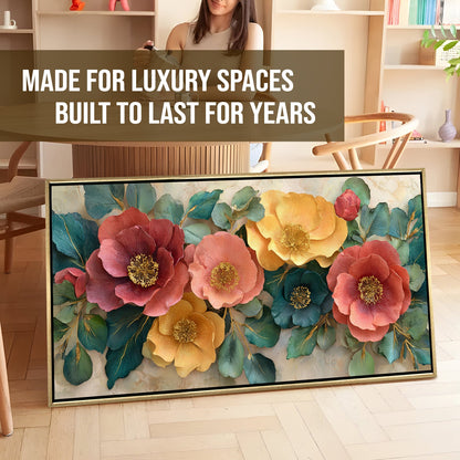 Luxury Floral Wall Art with Warm Pastels & Teal Foliage ¨C Golden Floater Frame, HD Canvas Print, Ready to Hang, Size: 2x4 feet (FLBWA98)