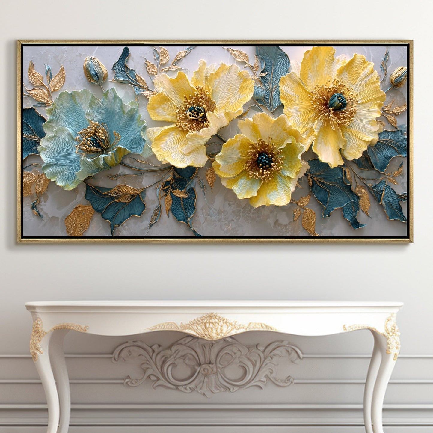 Opulent Floral Harmony Wall Art ¨C Golden Floater Frame, HD Canvas Print, Ready to Hang, Size: 2x4 feet (FLBWA73)