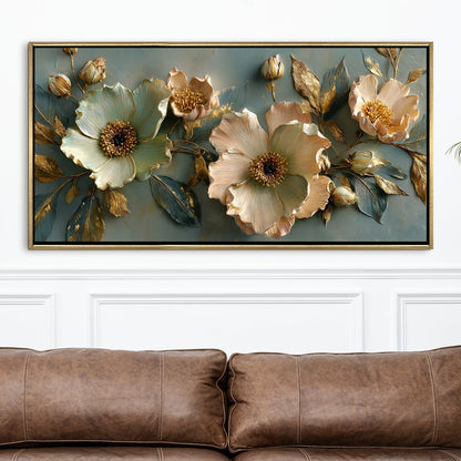 Golden Bloom Floral Wall Art ¨C Golden Floater Frame, HD Canvas Print, Ready to Hang, Size: 2x4 feet (FLBWA74)