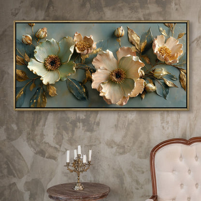 Golden Bloom Floral Wall Art ¨C Golden Floater Frame, HD Canvas Print, Ready to Hang, Size: 2x4 feet (FLBWA74)