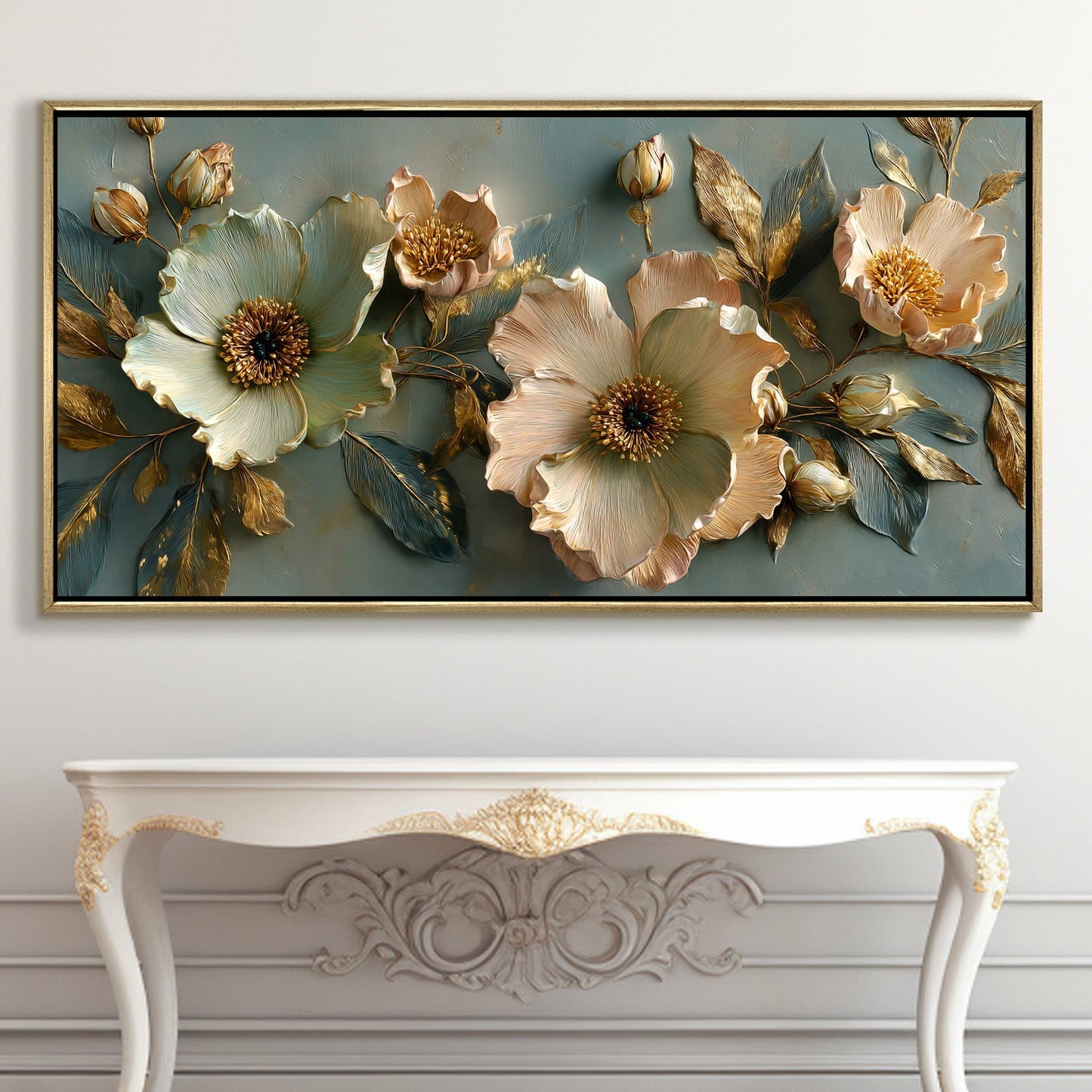 Golden Bloom Floral Wall Art ¨C Golden Floater Frame, HD Canvas Print, Ready to Hang, Size: 2x4 feet (FLBWA74)