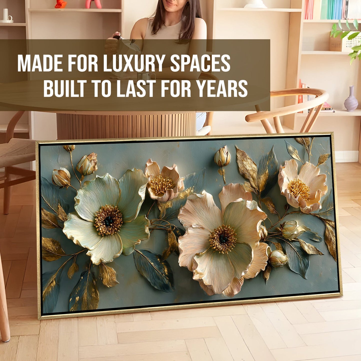 Golden Bloom Floral Wall Art ¨C Golden Floater Frame, HD Canvas Print, Ready to Hang, Size: 2x4 feet (FLBWA74)