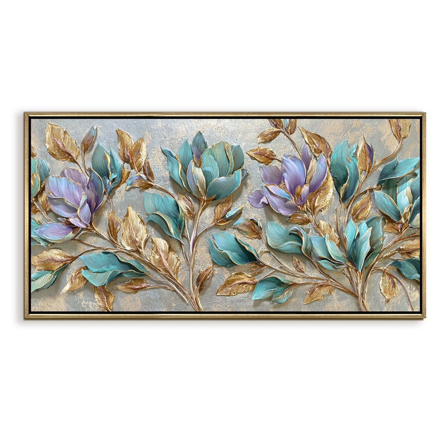 Teal Petals & Gold Leaves Wall Art ¨C Golden Floater Frame, HD Canvas Print, Ready to Hang, Size: 2x4 feet (FLBWA75)